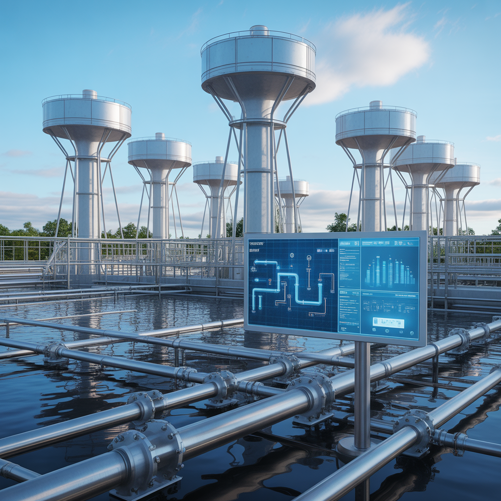 Advanced water treatment facility with digital monitoring screens showing pipe network data, sensor arrays on water towers, clean futuristic industrial environment, blue tones, no people